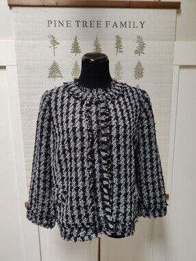 Ann Taylor Black and White Textured Tweed Fringe Jacket Size 14